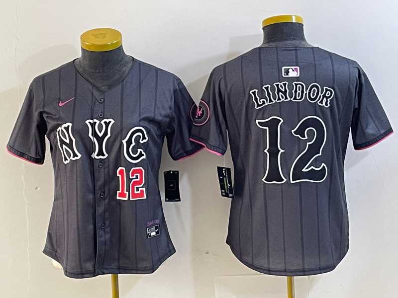 Women%27s New York Mets #12 Francisco Lindor Number Grey 2024 City Connect Cool Base Stitched Jerseys
